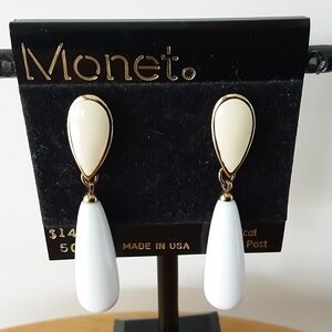 Monet Cream and White Dangle Earrings, Gold Trim, Vintage, Pierced Posts